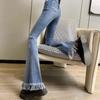 Calça Jeans Flare Vintage Azul com Franjas e Barra Desfiada para Mulheres, Design de Primavera e Outono, Cintura Alta, Emagrecedora, Fluida, Calça Bootcut Estendida