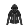 Chaqueta con capucha de retazos a rayas estilo europeo y americano para otoño e invierno, sudadera retro de doble botonadura estilo dos piezas de moda al por mayor