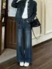Jeans azul retrô slim-fit, adornado com strass, perna curva para mulheres, nova coleção outono/inverno 2026, apresentando um design estiloso, solto e de perna larga
