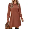 Vestido de Punto para Mujer Moda Europea y Americana Mangas Abullonadas Manga Larga Otoño Invierno Cuello Redondo Casual Holgado con Bolsillos