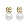 Oumai Ka Exquisitos Pendientes de Botón de Zirconia Trébol de Cuatro Hojas Perla Temperamento Elegante Acero Inoxidable Lujo Ligero Pendientes Largos para Mujer