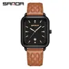 Relógio de Pulso Quartz Tendência Marca Sanda Calendário Simples Quadrado Masculino e Feminino com Pulseira de Couro Relógio à Prova d'Água Atacado