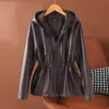 Marca Versátil Otoño Nueva Chaqueta de Cuero para Mujer, con Capucha Casual Holgada Moda Abrigo de Cuero, Tallas Grandes