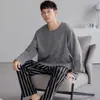 Pijama coreano de algodón puro para hombre, de manga larga y pantalón largo, para otoño e invierno, 100% algodón, cuello redondo, casual, corte holgado, adecuado para usar fuera de casa, conjunto para el hogar