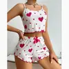 Conjunto de Duas Peças de Camisola com Costelas e Shorts Estampado de Coração Europeu e Americano Estilo Doce Puro Desejo Verão Roupa de Exterior Roupa de Casa