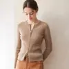 Suéter de Cachemira con Cremallera y Cuello Redondo Francés para Mujer, Manga Larga, Color Sólido, Canalé, Cardigan Ajustado, Top de Estilo Suave