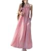 Tecido Chiffon Plissado Verão Novo Estilo Férias na Praia Doce Rosa Vestido Longo de Alça Vestido Feminino com Decote U