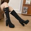 Botas de Tacón Grueso Alto Retro para Mujer Botas Altas Estilo Oeste Botas de Caballero de Dos Usos Nuevo Look Adelgazante 2025 Gamuza Otoño e Invierno