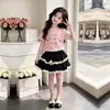 Moda de Verano para Niños Grandes Camiseta de Manga Corta con Estampado de Letras Falda de Encaje Dulce y Linda para Niñas Conjunto Elegante de Dos Piezas Moderno