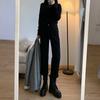 Calça Jeans Reta de Veludo Off-White para Mulheres no Outono e Inverno Cintura Alta Efeito Emagrecedor Perna Larga Solta Dobrada Nove Pontos Estilo Cigarrete