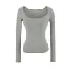 Camiseta sexy de manga larga con cuello en U y bolsillo para mujer, estilo puro deseo, corte ajustado, ceñida a la cintura, adelgazante, color liso, top base elástico