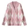Suéter Cárdigan Holgado Estilo Perezoso Bloques de Color Estilo Coreano 2026 para Mujer, Ropa Exterior de Punto de Longitud Media con Forma de Diamante, Tejido de Bloques de Color