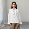 Camisa de Manga Longa Lisa Colorida Solta com Gola Lapela Babados e Amarração Verão Europeu e Americano AliExpress Elegante Francês