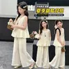 Conjunto de Verano para Niñas 2026 Estilo Nuevo: Conjunto de dos piezas para niña: Blusa tipo muñeca con mangas acampanadas y Pantalones anchos de verano para niños grandes