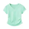Camiseta de Algodón Puro de Alta Elasticidad Color Azul Claro con Cintura Fruncida, Hombro Normal, Manga Corta con Pequeñas Mangas Volantes, Cuello en V y Clavícula Expuesta, Top Sexy