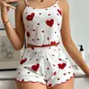 Nuevo conjunto de pijama de dos piezas de punto acanalado para mujer de comercio exterior de Lianjiao con estampado de corazón en estilo puro deseo, que incluye camisola corta y pantalones largos