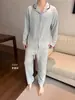 Pijama térmico para hombre 4005 de Lyocell con cordón y bolsillos, ropa de estar gruesa cepillada para otoño e invierno, con cuello de solapa, adecuado para usar como conjunto exterior