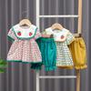 Vestido Conjunto de Manga Curta com Gola Quadrada de Morango para Meninas Calça Média Xadrez para Bebê Menina Conjunto de Peças Estilo Coreano Roupa Infantil 101.25kg