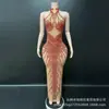 Vestido Bodycon Sexy com Brilho Fino Estilo Europeu e Americano para Mulheres, com Gola Halter, Strass, Costas Abertas, Vestido de Gala para Cantora