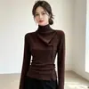 Blusa de tricô gola alta assimétrica de manga longa estilo coreano para mulheres, novo design de outono, corte justo, com fenda