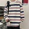 Camiseta holgada de hombre estilo coreano con puños acanalados, top a rayas de manga larga con estampado digital de moda otoño/invierno 2026 para mujer