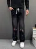 Calça Scimitar Graffiti Primavera e Outono para Homens, Calça Reta Solta com Cordão, Calça Masculina Cool, Nova Calça Casual Tendência de Perna Larga