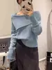 Tejido de Punto Francés para Mujer 2025 Otoño e Invierno Nueva Moda Coreana para Mujer Camisa Base con Solapa en el Hombro para Mujer