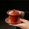 Conjunto de chá kung fu gaiwan de argila roxa de minério bruto Zhuni Mojing, tigela de chá gaiwan três talentos de argila roxa para uso doméstico, conjunto em caixa de presente