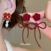 Pendientes Colgantes de Perla con Lazo de Rosa Aguja de Plata Pendientes Súper Hada Dulces Elegantes Lujo Accesible Pendientes de Gama Alta para Mujer