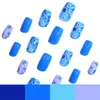 Manicura Simple Transfronteriza de 24 Piezas Europea y Americana Fresca Azul Flores Pequeñas y Hojas Rectangulares Medias Uñas Portátiles Venta al por Mayor