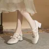 Jin Gang MY4502 Sapato Feminino Mary Jane com Salto Grosso 2024 Novo Outono/Inverno Sapato de Couro Salto Alto Sapato de Boca Rasa Feminino