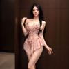 Night Ting Fragancia Ropa Interior Sexy Elegante Sling Bordado para Ajuste Ceñido Recogido Floral Malla Tirante Jumpsuit Ajustado