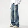 Pantalones vaqueros de alta gama a la moda con salpicaduras de tinta para hombre, diseño holgado de pierna ancha, pantalones largos rectos de estilo retro americano al por mayor