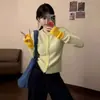 Tejido de lana de alpaca estilo coreano cárdigan de punto de manga larga suave y pegajoso diseño de suéter de punto sentido de diseño ajuste ceñido capa interior capa base top