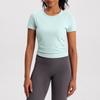 Roupa de Yoga Feminina Manga Curta Costurada Corrida Fitness Camiseta Costas Bonitas Sexys Slim Fit Curta Slim Fit Secagem Rápida Top Esportivo
