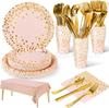 Conjunto Rosa de Bolinhas com Carimbo Dourado para Festa de Aniversário Pratos de Papel Descartáveis, Guardanapos, Copos de Papel, Pratos de Jantar, Toalha de Mesa Dourada, Rose Gold