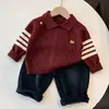 Camisa POLO Infantil Meninos Suéter Retrô de Tricô Trançado Outono Inverno Novo Estilo College Meninas Bebês Top de Tricô Listrado