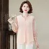 Blusa de gasa de verano para madre, camiseta estilo chino, imitación de dos piezas, ropa para mujeres de mediana edad y mayores, nuevo modelo de verano, blusa de manga tres cuartos