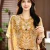 Camiseta floral de strass de manga curta, elegante e versátil, estilo europeu, para mulheres, novo modelo de verão, elegante e rejuvenescedora, top fino e modelador