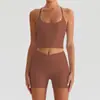 Conjunto de Sutiã Esportivo de Manga Curta com Gola Halter e Bolso para Corrida e Yoga Calça Longa e Curta para Mulheres