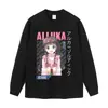 Camiseta de talla grande, corte holgado, hombros caídos, cuello redondo, manga corta, camiseta de manga larga negra con lavado desgastado y estampado de anime japonés, en stock