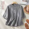 Camisa bordada de algodón y lino de gasa de doble capa, cárdigan de estilo artístico nuevo para verano 2026, top suelto de manga corta a media manga para mujer
