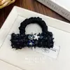 Fragrância Pequena de Luxo Tweed Azul Escuro Prendedor Pinça Tubarão Moda Laço Elástico Corda de Cabelo Acessórios de Cabelo Adorno de Cabeça para Mulheres