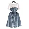 Vestido Elegante e Jovem de Duas Peças para Mulheres, Estilo Francês com Toque de Luxo, Gola Redonda, Mangas Curtas, Vestido Longo Jeans com Costura na Cintura para o Início do Verão