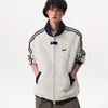 Moletom esportivo patchwork estilo americano para homens e mulheres, jaqueta casual tendência de outono, jaqueta de baseball listrada com gola alta da moda