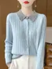 26 Nuevo Estilo Primavera y Otoño Cárdigan 100% Lana Pura para Mujer con Solapa, Bloques de Color, Suéter Bordado, Chaqueta de Punto de Cachemira Holgada