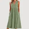 Ropa de Mujer Nueva Transfronteriza Europea y Americana Primavera y Verano Casual Holgada Moda Retro Algodón y Lino Sin Mangas Cuello en V Vestido con Bolsillo