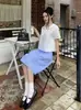 Edición Nanyou 26 Verano Hr~Camisa de Manga Corta Estilo Universitario con Cuello Azul Marino + Falda Midi con Diseño de Cintura Plisada