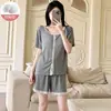 Pijama de Algodón de Color para Mujer Verano Nuevo Estilo Coreano Estilo Ins con Almohadilla en el Pecho Encaje Manga Corta Pantalones Cortos Suelto Casual Ropa para el Hogar