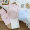 Pijama con Almohadillas para el Pecho para Mujer, Algodón Puro, Primavera y Otoño, Delgado, Holgado, de Manga Larga, Pantalón Largo, Sencillo, Se Puede Usar Afuera, Ropa para el Hogar, Conjunto de Dos Piezas